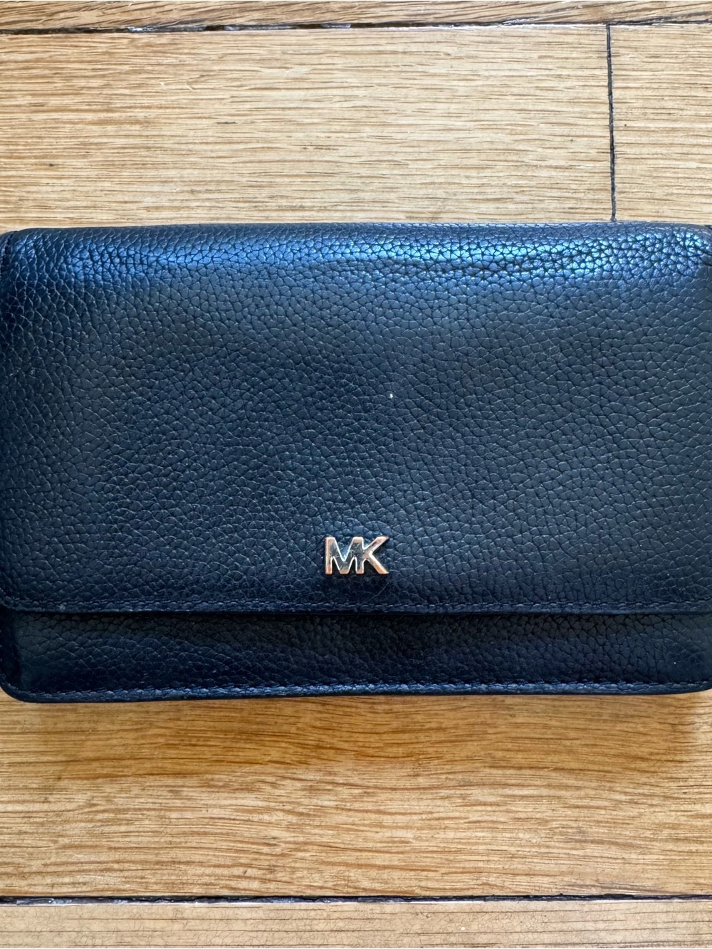 Michael Kors Black Pebbled Leather Continental Wallet with Gold MK Emblem
